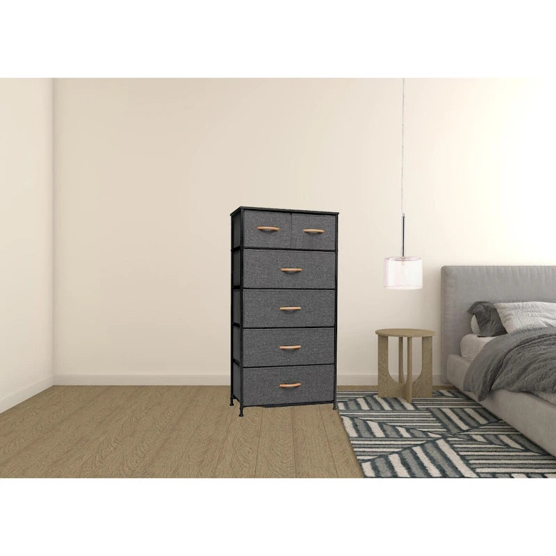 23 Brown Steel and Fabric Six Drawer Combo Dresser