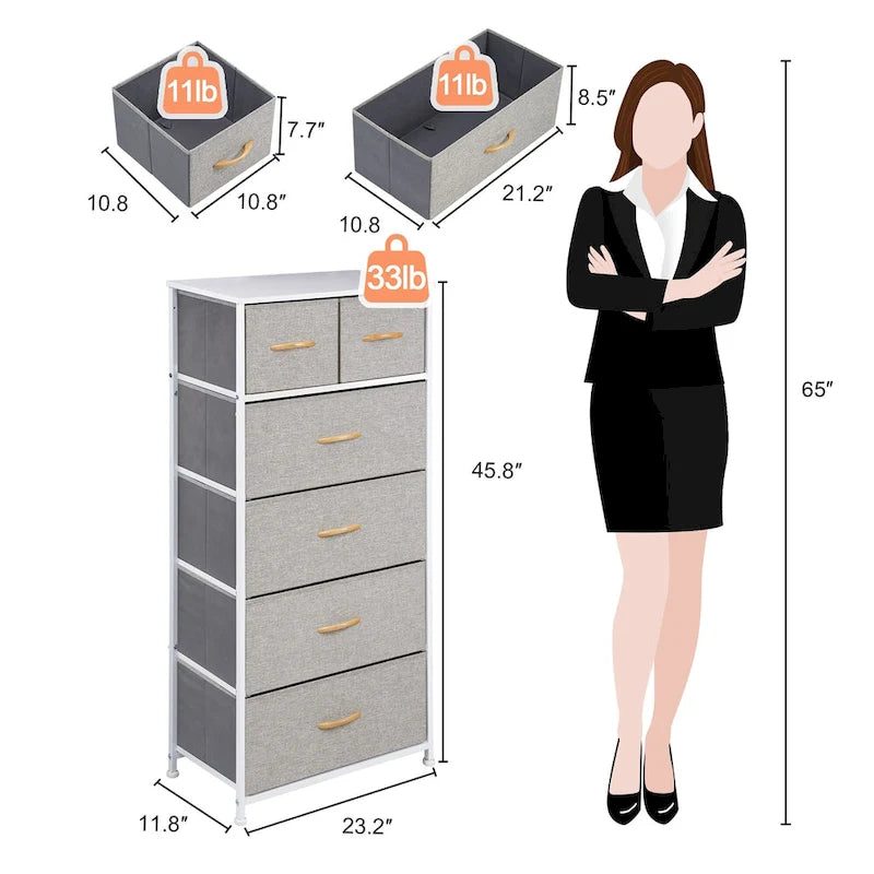 23 Brown Steel and Fabric Six Drawer Combo Dresser