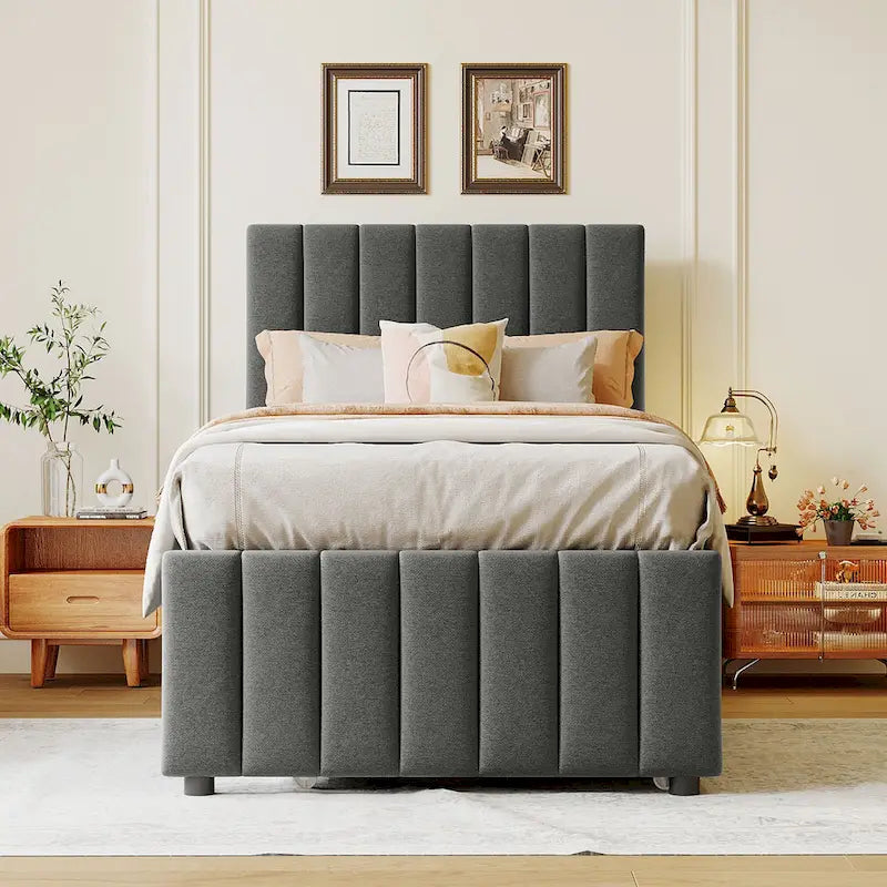 Linen Fabric Upholstered Platform Bed with Stripe Headboard & Footboard, Pull-out Trundle Bed & 3 Drawers, Wood Panel Bed