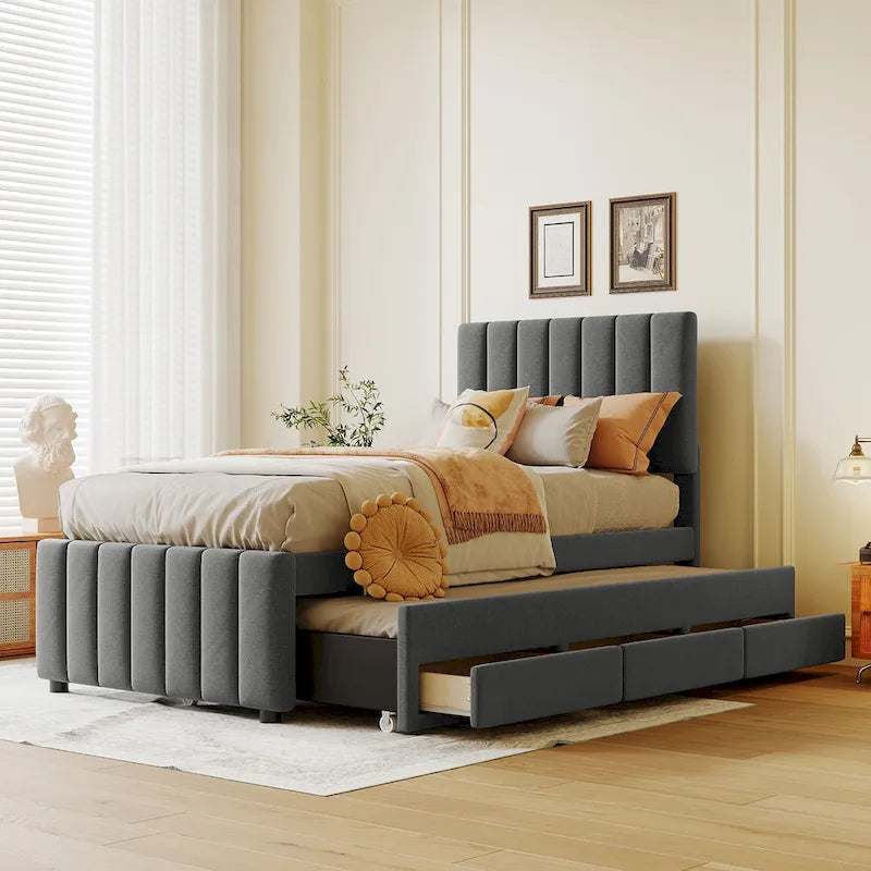Linen Fabric Upholstered Platform Bed with Stripe Headboard & Footboard, Pull-out Trundle Bed & 3 Drawers, Wood Panel Bed