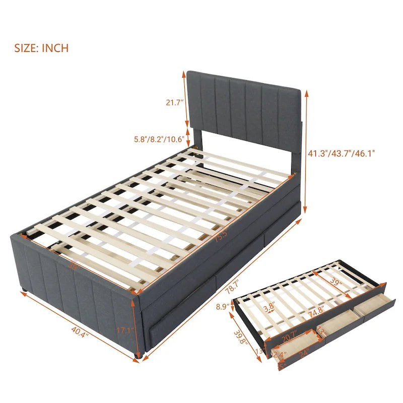 Linen Fabric Upholstered Platform Bed with Stripe Headboard & Footboard, Pull-out Trundle Bed & 3 Drawers, Wood Panel Bed