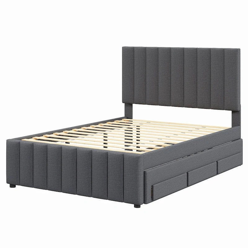 Linen Fabric Upholstered Platform Bed with Stripe Headboard & Footboard, Pull-out Trundle Bed & 3 Drawers, Wood Panel Bed
