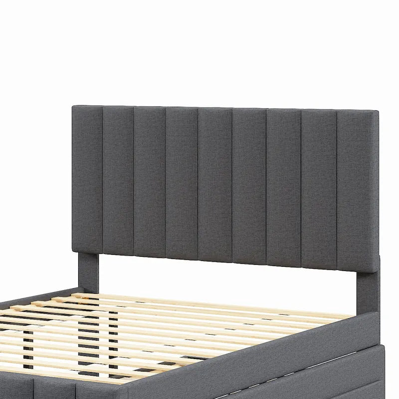 Linen Fabric Upholstered Platform Bed with Stripe Headboard & Footboard, Pull-out Trundle Bed & 3 Drawers, Wood Panel Bed