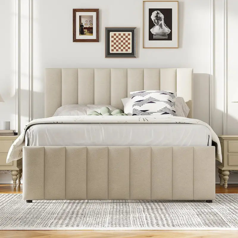 Linen Fabric Upholstered Platform Bed with Stripe Headboard & Footboard, Pull-out Trundle Bed & 3 Drawers, Wood Panel Bed