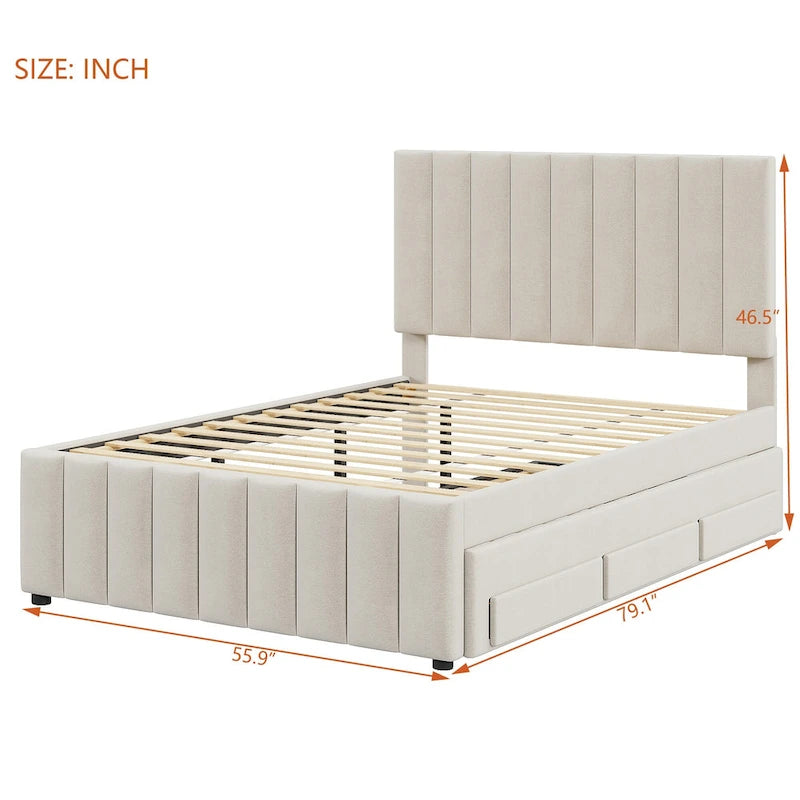 Linen Fabric Upholstered Platform Bed with Stripe Headboard & Footboard, Pull-out Trundle Bed & 3 Drawers, Wood Panel Bed