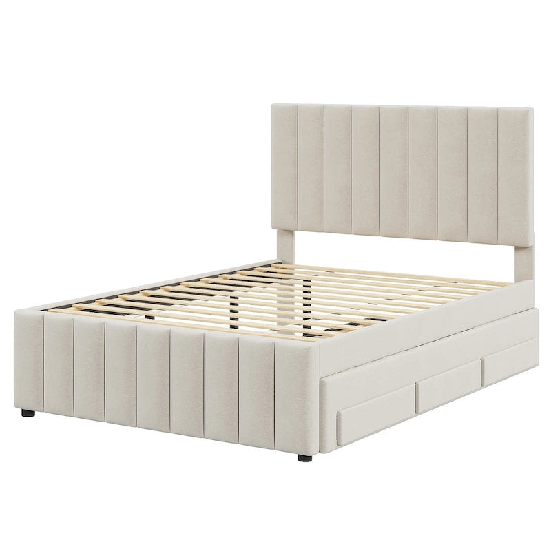 Linen Fabric Upholstered Platform Bed with Stripe Headboard & Footboard, Pull-out Trundle Bed & 3 Drawers, Wood Panel Bed