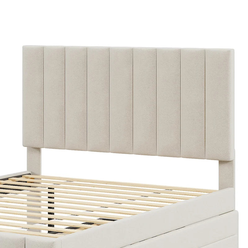 Linen Fabric Upholstered Platform Bed with Stripe Headboard & Footboard, Pull-out Trundle Bed & 3 Drawers, Wood Panel Bed