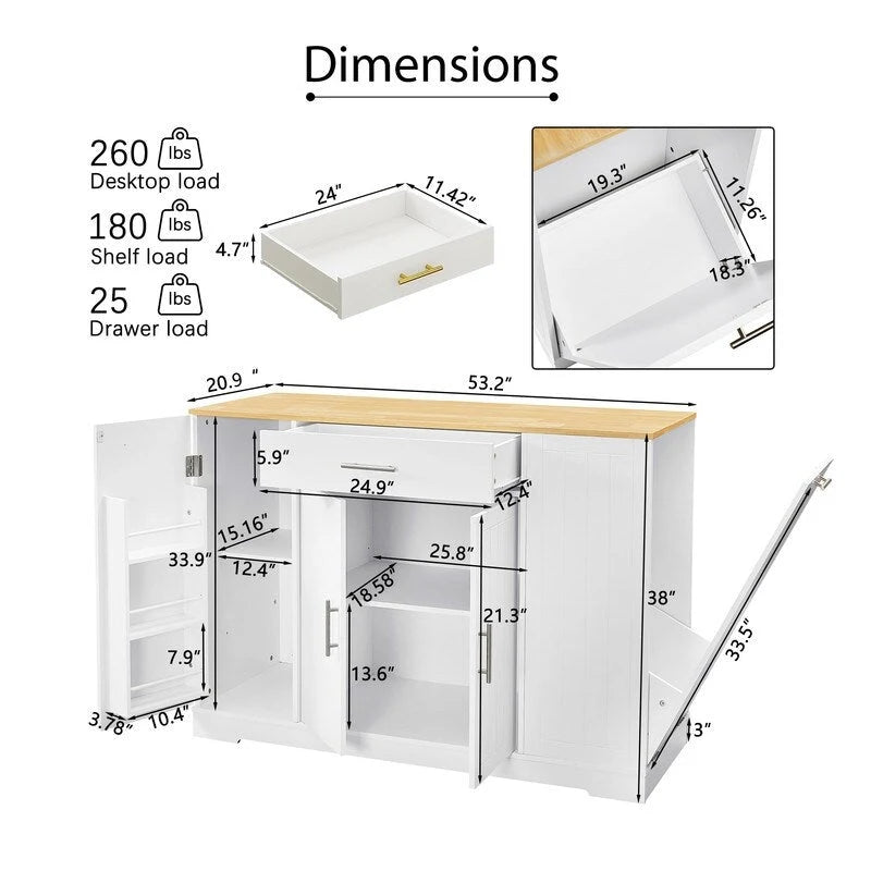 53-Inch Kitchen Storage Island with Drawers & Built-In Trash Bin  Modern Farmhouse Design for Kitchen & Dining.