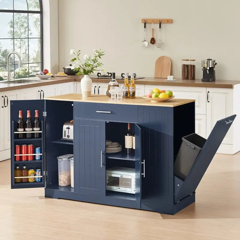 53-Inch Kitchen Storage Island with Drawers & Built-In Trash Bin  Modern Farmhouse Design for Kitchen & Dining.