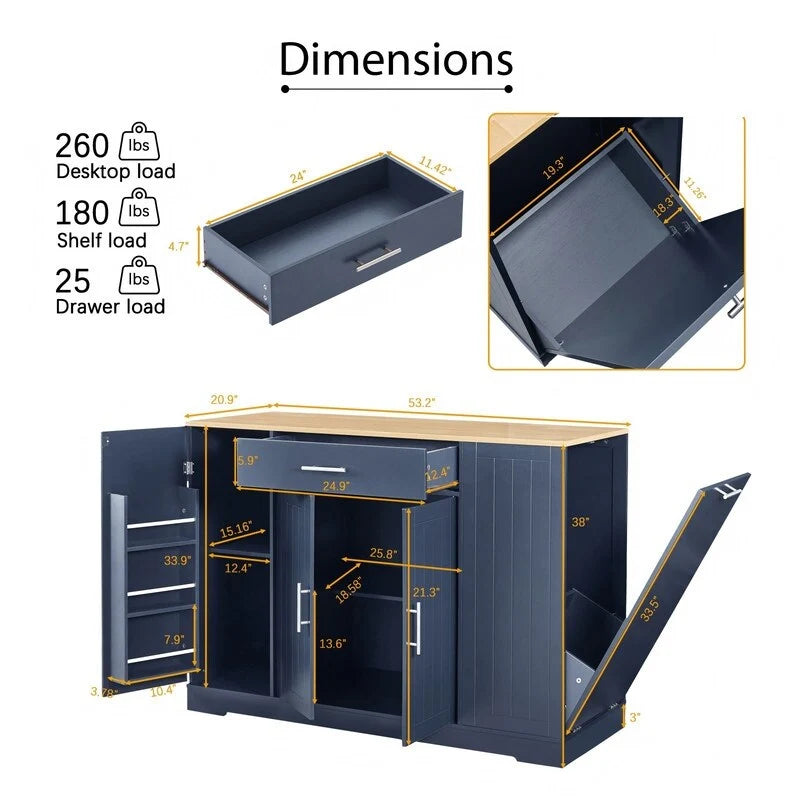 53-Inch Kitchen Storage Island with Drawers & Built-In Trash Bin  Modern Farmhouse Design for Kitchen & Dining.