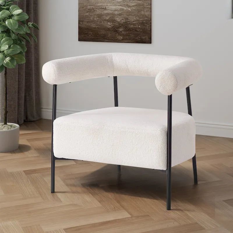 Modern Boucle Fabric Upholstered Accent Chair, Curved Armchair with Black Metal Frame