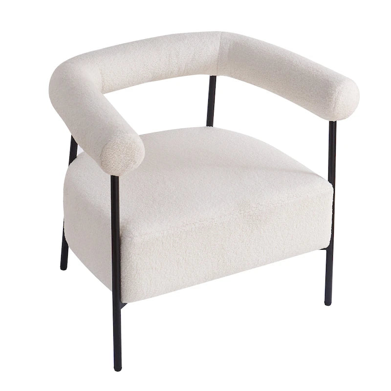 Modern Boucle Fabric Upholstered Accent Chair, Curved Armchair with Black Metal Frame