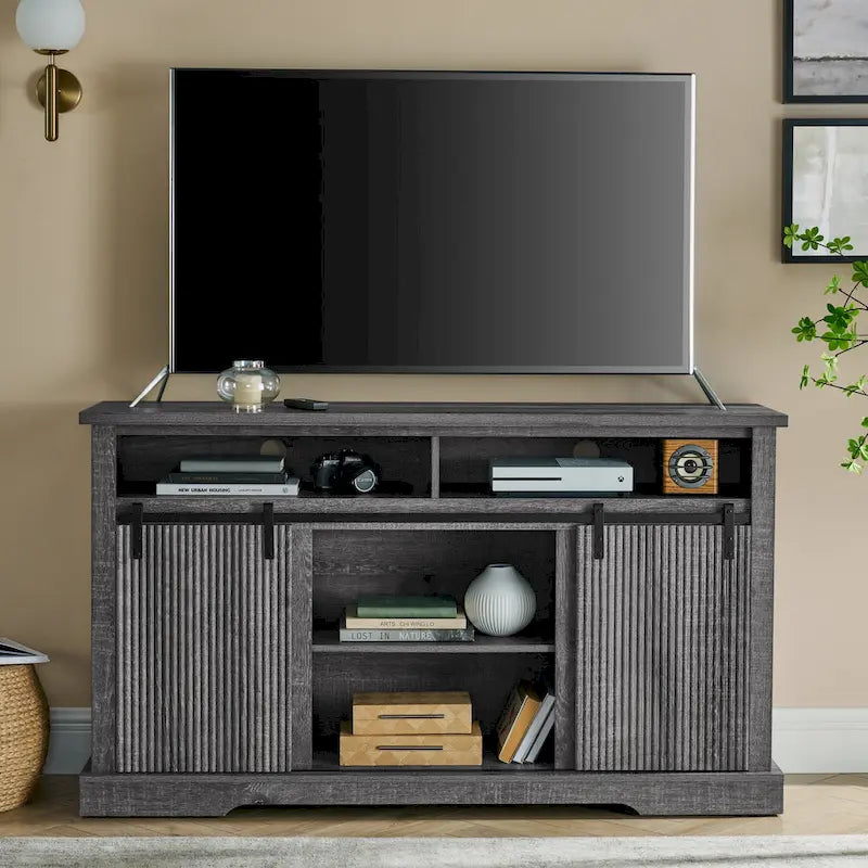 Rustic Sliding Barn Door TV Stand with Upper Lower Storage Shelf and Adjustable Shelves for Living Room