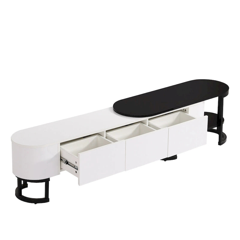 Modern Black White Retractable TV Stand with 3 Drawers and Metal Adjustable Legs for Living Room Bedroom