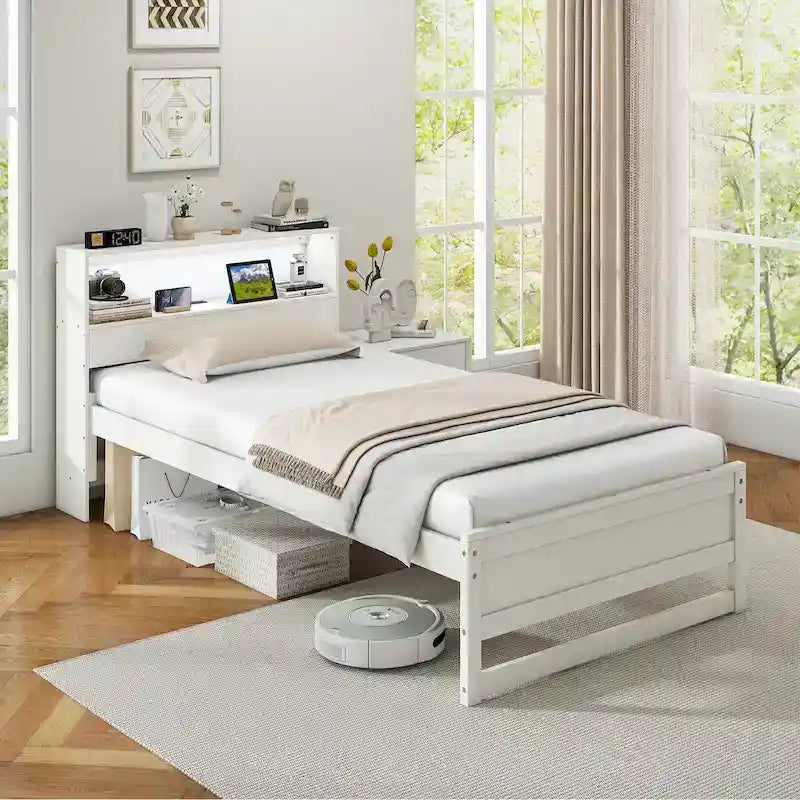 Gymax Twin Size Wooden Bed Frame w/ Charging Station & LED Light