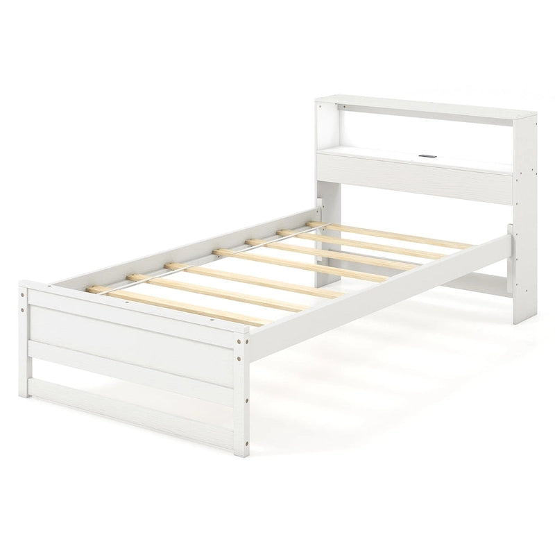 Gymax Twin Size Wooden Bed Frame w/ Charging Station & LED Light
