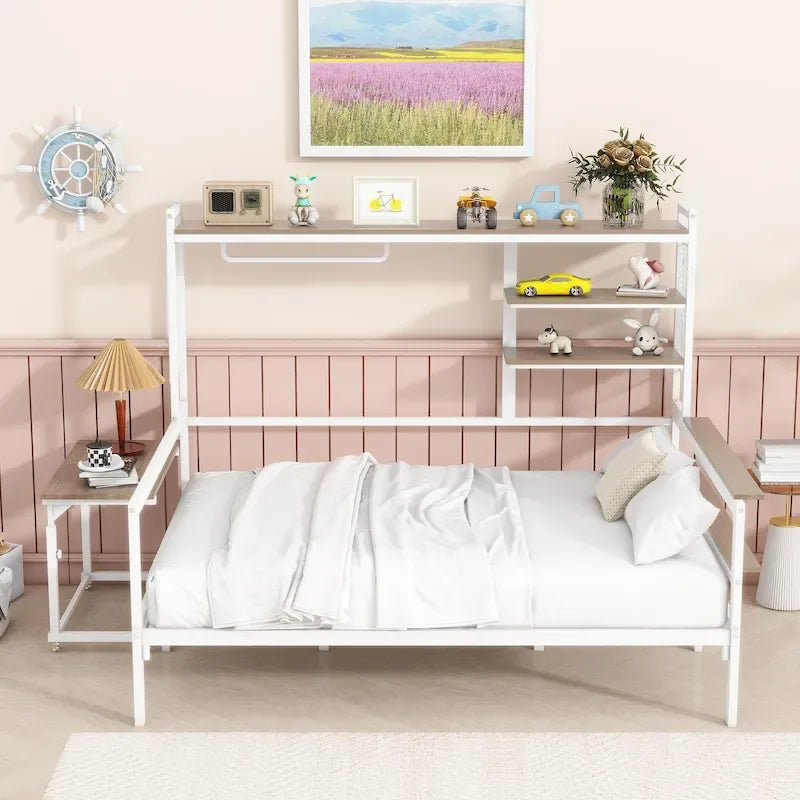 Versatile Daybed with Movable Desk, Metal Sofa Bed Frame with Metal Grid, Shelves and Clothes Hanger, No Box Spring Needed
