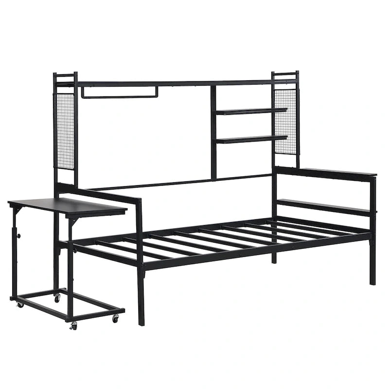 Versatile Daybed with Movable Desk, Metal Sofa Bed Frame with Metal Grid, Shelves and Clothes Hanger, No Box Spring Needed