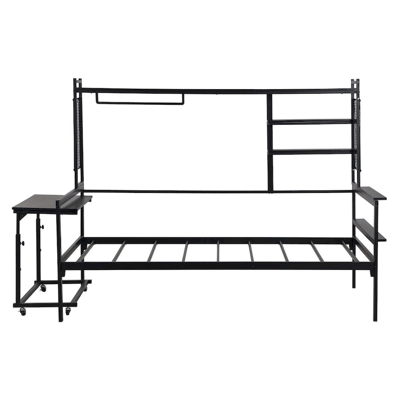 Versatile Daybed with Movable Desk, Metal Sofa Bed Frame with Metal Grid, Shelves and Clothes Hanger, No Box Spring Needed