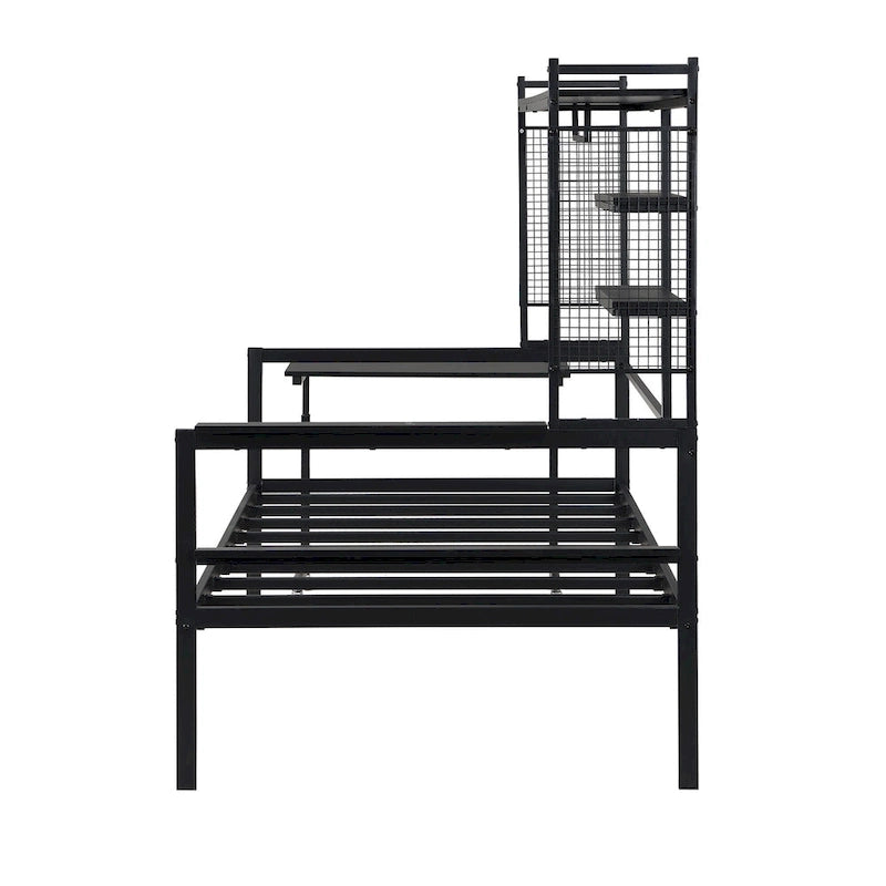 Versatile Daybed with Movable Desk, Metal Sofa Bed Frame with Metal Grid, Shelves and Clothes Hanger, No Box Spring Needed