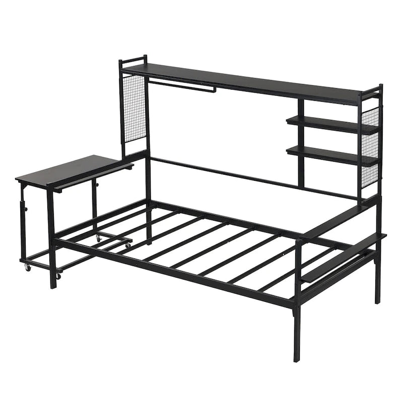 Versatile Daybed with Movable Desk, Metal Sofa Bed Frame with Metal Grid, Shelves and Clothes Hanger, No Box Spring Needed