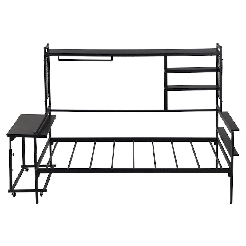 Versatile Daybed with Movable Desk, Metal Sofa Bed Frame with Metal Grid, Shelves and Clothes Hanger, No Box Spring Needed