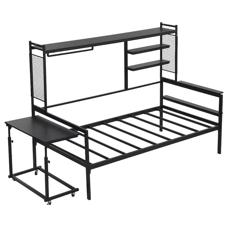 Versatile Daybed with Movable Desk, Metal Sofa Bed Frame with Metal Grid, Shelves and Clothes Hanger, No Box Spring Needed
