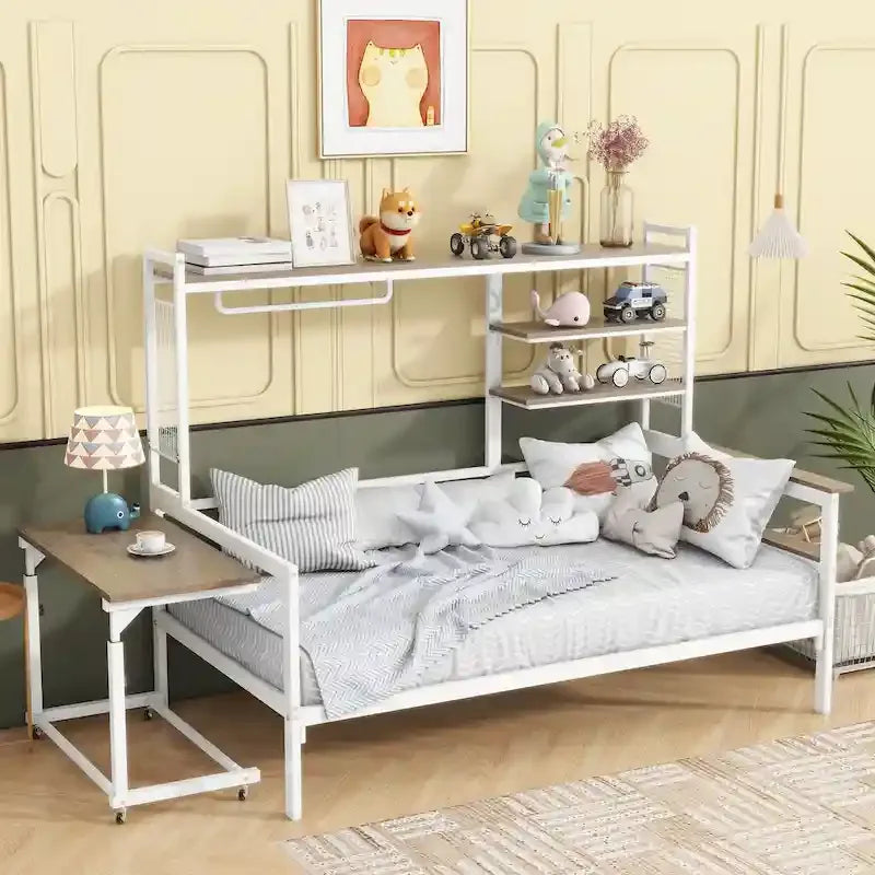 Versatile Daybed with Movable Desk, Metal Sofa Bed Frame with Metal Grid, Shelves and Clothes Hanger, No Box Spring Needed