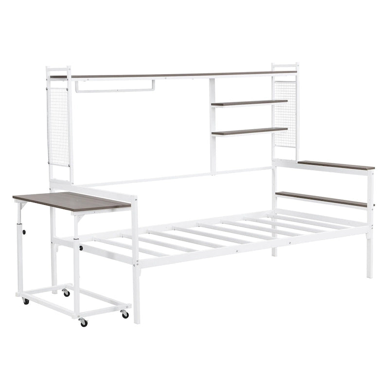 Versatile Daybed with Movable Desk, Metal Sofa Bed Frame with Metal Grid, Shelves and Clothes Hanger, No Box Spring Needed