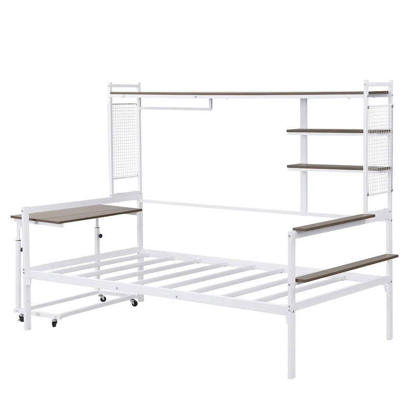 Versatile Daybed with Movable Desk, Metal Sofa Bed Frame with Metal Grid, Shelves and Clothes Hanger, No Box Spring Needed