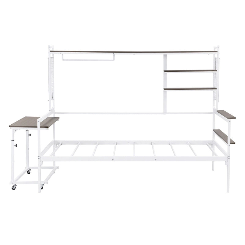 Versatile Daybed with Movable Desk, Metal Sofa Bed Frame with Metal Grid, Shelves and Clothes Hanger, No Box Spring Needed