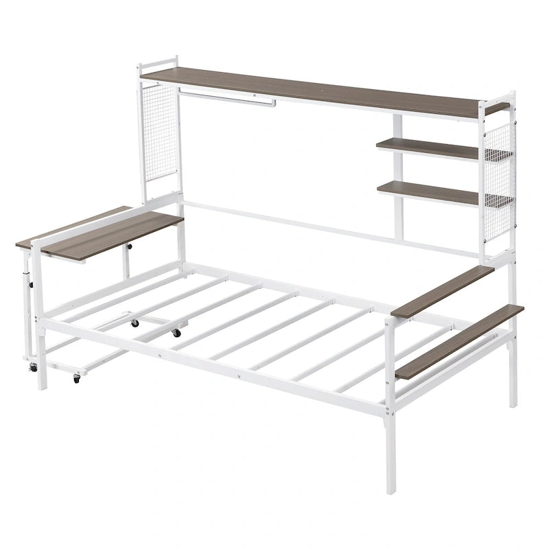 Versatile Daybed with Movable Desk, Metal Sofa Bed Frame with Metal Grid, Shelves and Clothes Hanger, No Box Spring Needed