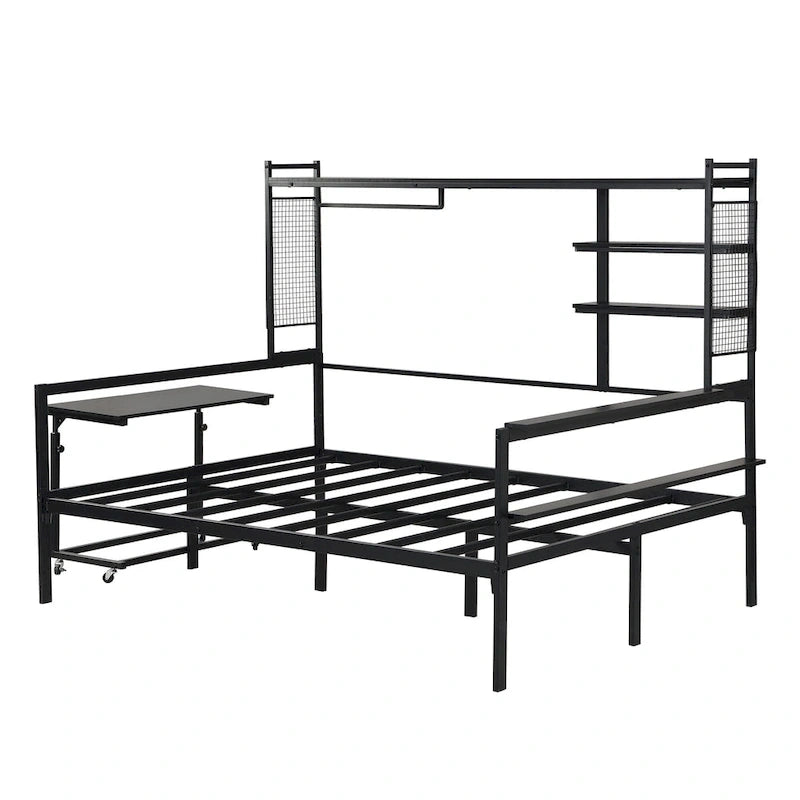Versatile Daybed with Movable Desk, Metal Sofa Bed Frame with Metal Grid, Shelves and Clothes Hanger, No Box Spring Needed