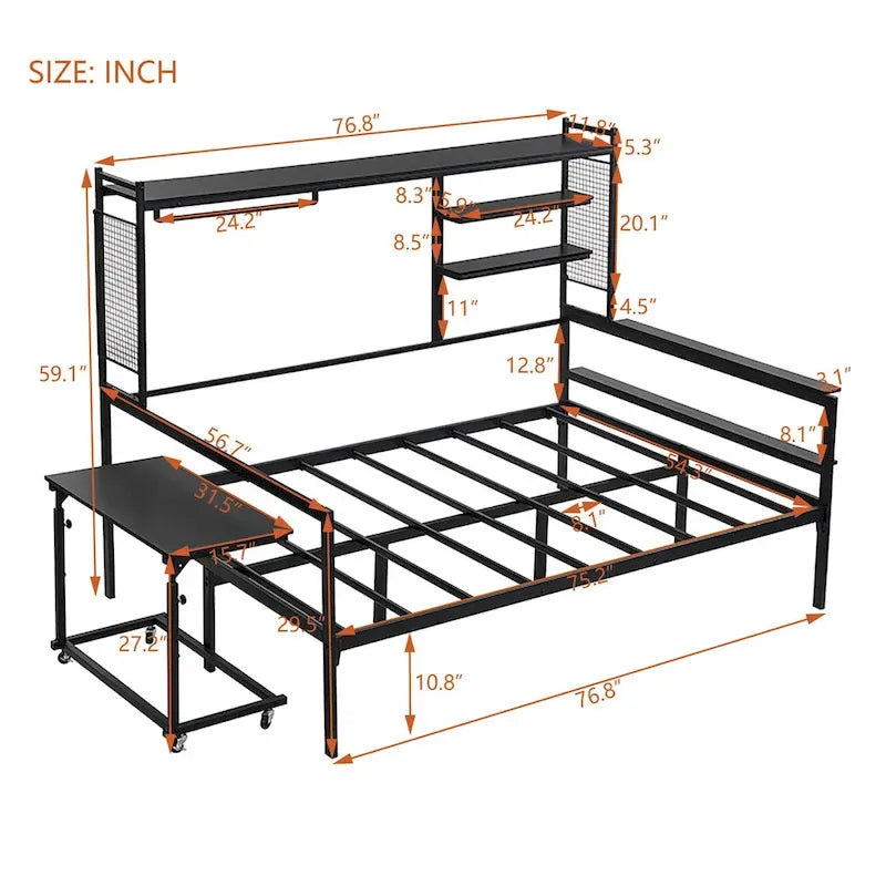 Versatile Daybed with Movable Desk, Metal Sofa Bed Frame with Metal Grid, Shelves and Clothes Hanger, No Box Spring Needed