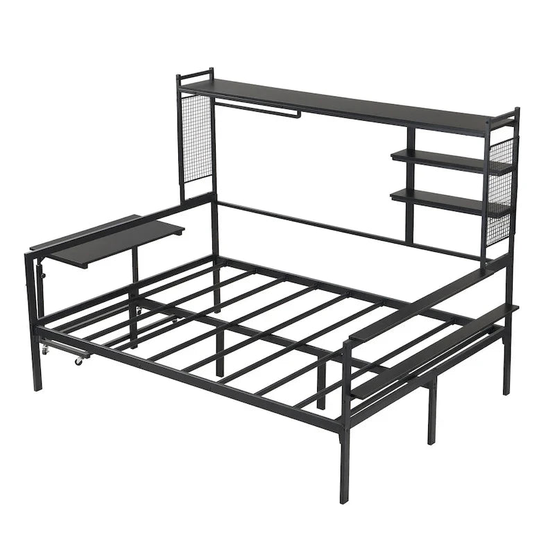 Versatile Daybed with Movable Desk, Metal Sofa Bed Frame with Metal Grid, Shelves and Clothes Hanger, No Box Spring Needed