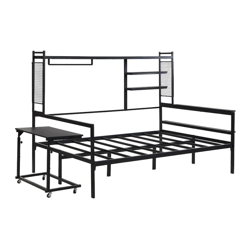 Versatile Daybed with Movable Desk, Metal Sofa Bed Frame with Metal Grid, Shelves and Clothes Hanger, No Box Spring Needed