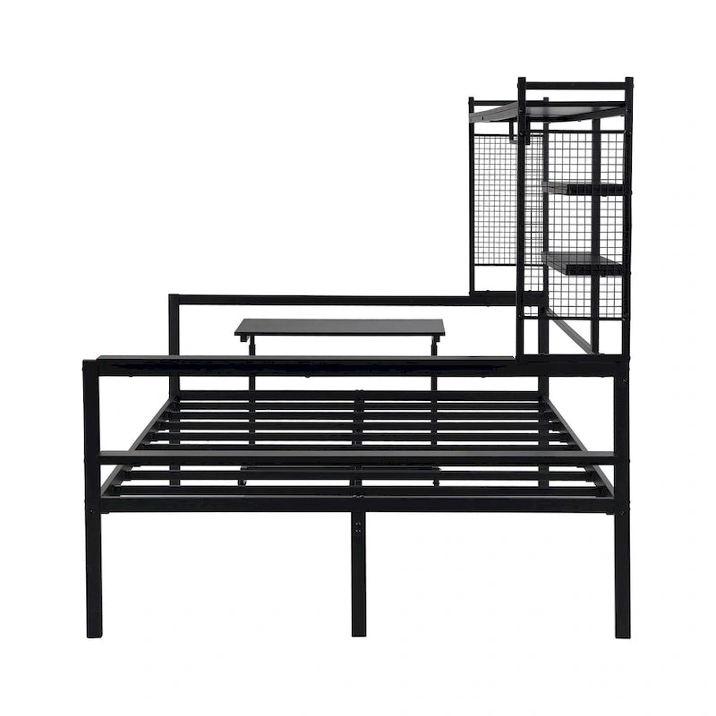 Versatile Daybed with Movable Desk, Metal Sofa Bed Frame with Metal Grid, Shelves and Clothes Hanger, No Box Spring Needed