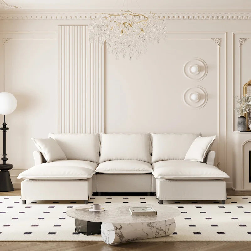 U Shaped Cloud Couch Set Chenille Sectional Sofa w/Ottoman, Pillows