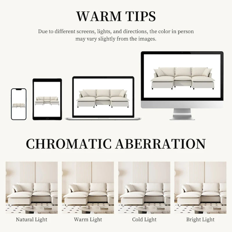 U Shaped Cloud Couch Set Chenille Sectional Sofa w/Ottoman, Pillows