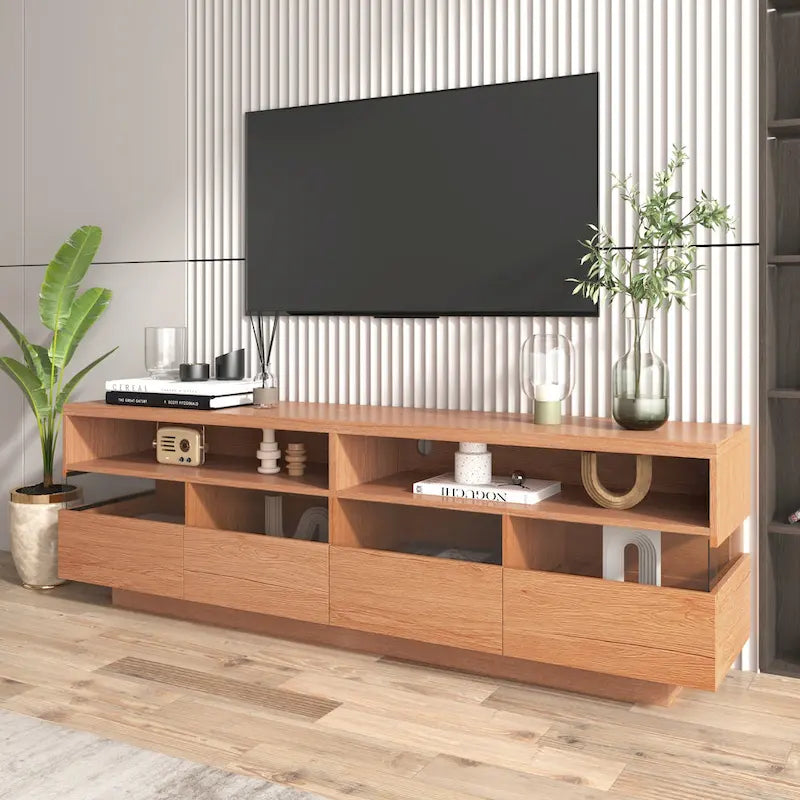 Freestanding TV Console TV Stand with 4 Drawers Media Console Table with Acrylic Transparent Storage for TVs up to 75