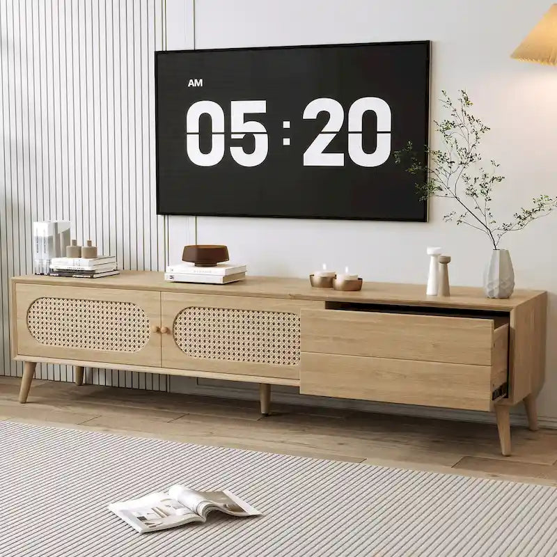 TV Stand for TVs up to 80 , Modern Media Console, Entertainment Center with Wood Legs, TV Cabinet for Living Room