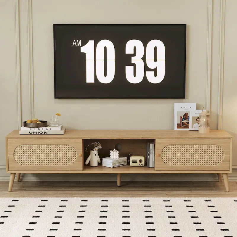 TV Stand for TVs up to 80 , Modern Media Console, Entertainment Center with Wood Legs, TV Cabinet for Living Room