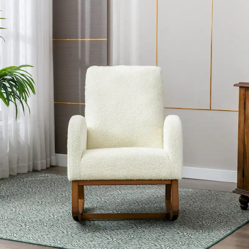 Teddy Fabric Upholstered High Back Mid-Century Modern Nursery Rocking Chair with Side Pocket
