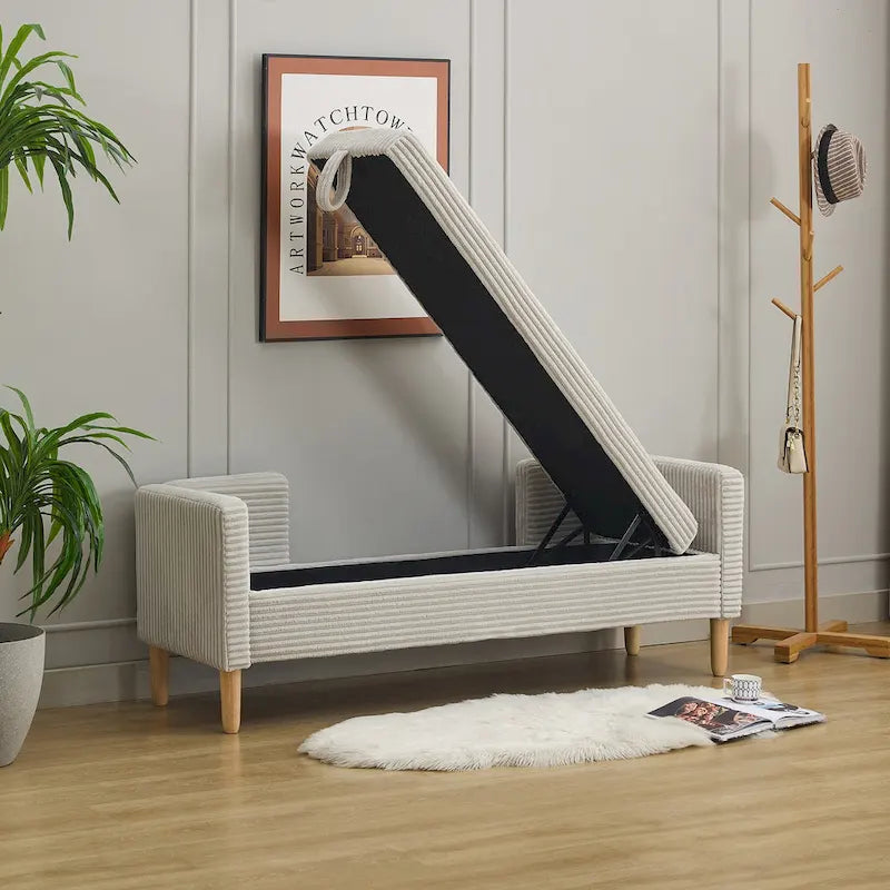 65.35  Corduroy Storage Bench with Armrests, Backrest and Two Pillows
