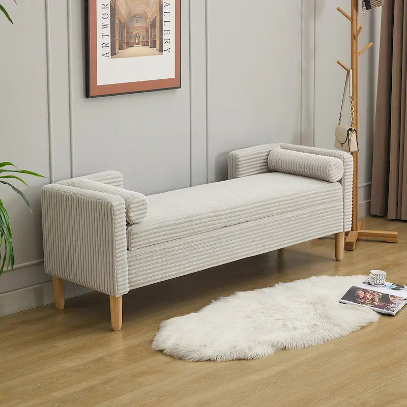 65.35  Corduroy Storage Bench with Armrests, Backrest and Two Pillows