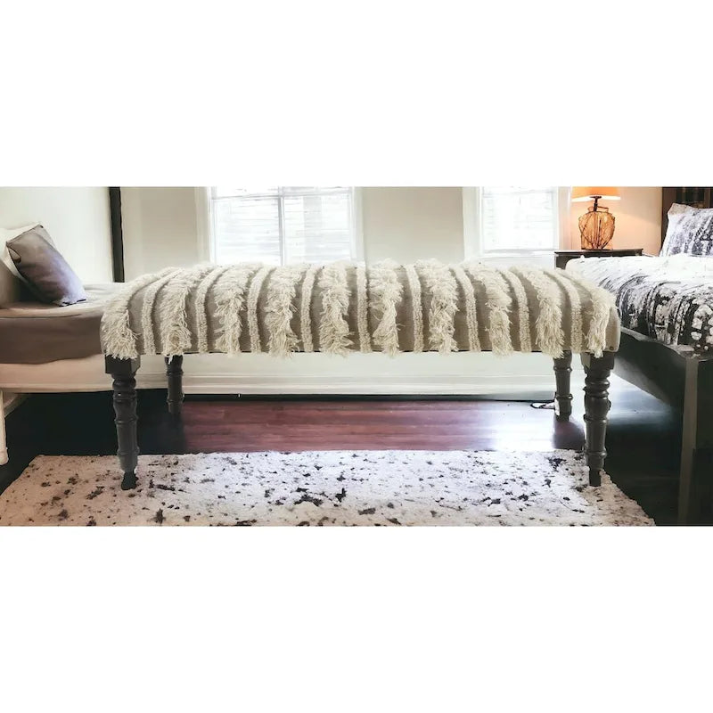 Wood Cream Cotton Upholstered Bedroom Bench Striped Pattern Nailhead Trim - 16 D X 47 W x 18 H