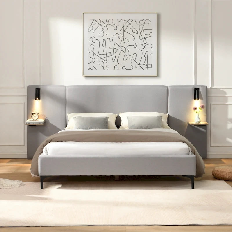 Grey Linen Platform Bed Upholstered Wingback Big Frame Bed with Bedside Lights and Shelves Storage Bed, Chic Panel Bed