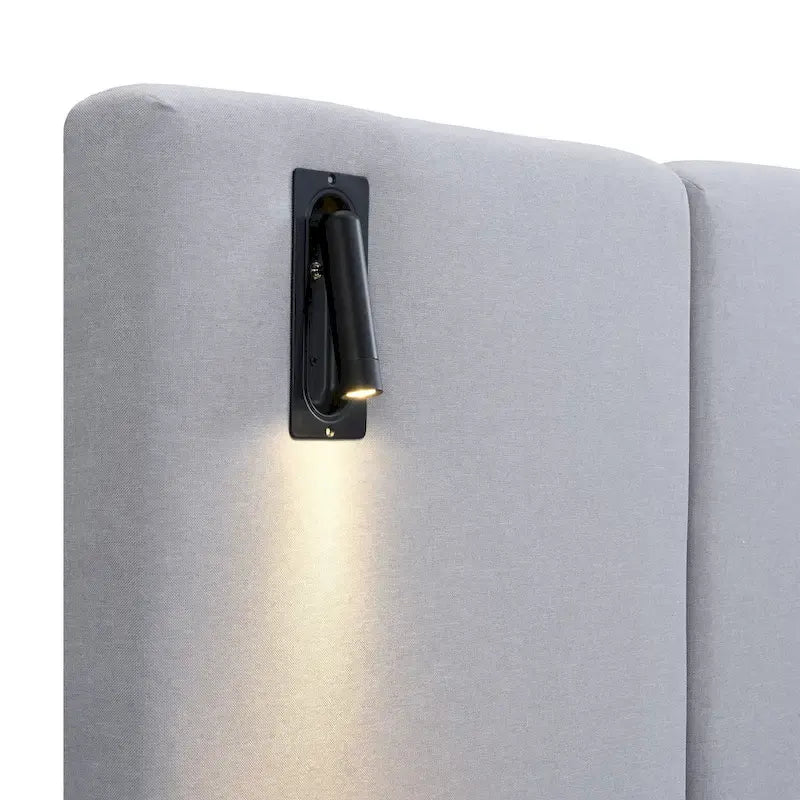 Grey Linen Platform Bed Upholstered Wingback Big Frame Bed with Bedside Lights and Shelves Storage Bed, Chic Panel Bed