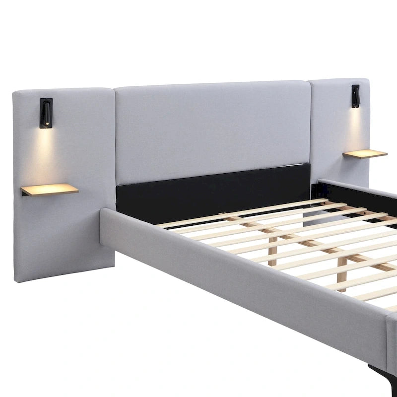 Grey Linen Platform Bed Upholstered Wingback Big Frame Bed with Bedside Lights and Shelves Storage Bed, Chic Panel Bed