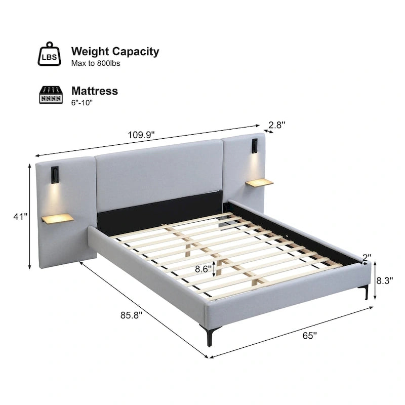 Grey Linen Platform Bed Upholstered Wingback Big Frame Bed with Bedside Lights and Shelves Storage Bed, Chic Panel Bed